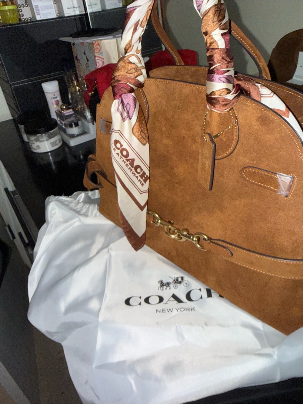 NWT Coach Suede Satchel in Chestnut with Silk-Scarf Wrapped Handles - Picture 4 of 10